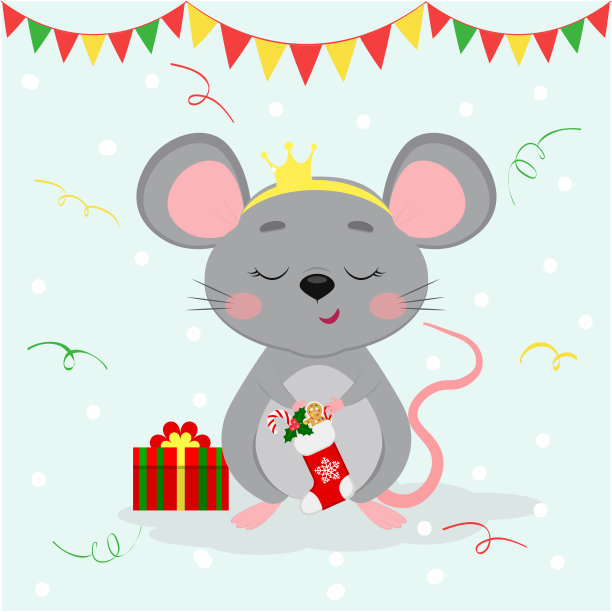 新年快乐，圣诞快乐。可爱的老鼠，一只头上戴着皇冠的老鼠，手里拿着一只圣诞袜子，里面装着糖果和姜饼。2020鼠年。卡通，平面风格，矢量图片下载