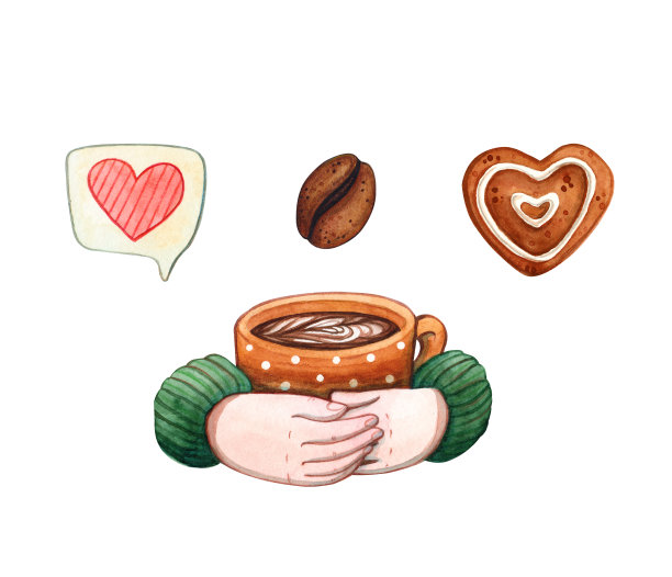 手绘水彩插图的人的手在毛衣抱着波尔卡点图案陶瓷杯与咖啡，心涂鸦和姜饼孤立在白色。饮料和咖啡厅菜单设计元素图片下载