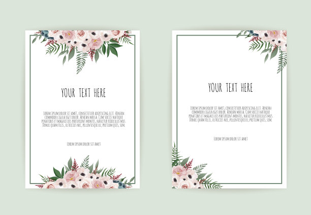 植物婚礼邀请卡模板设计，白色和粉红色的花在白色的背景。图片下载