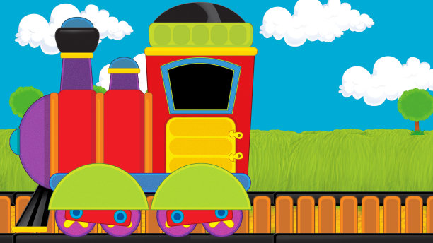 卡通滑稽的蒸汽火车通过草地图片下载