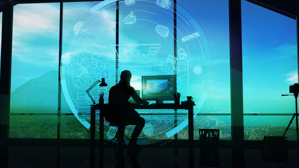 工作室里的摄影师，能看到自然和信息图。图片下载