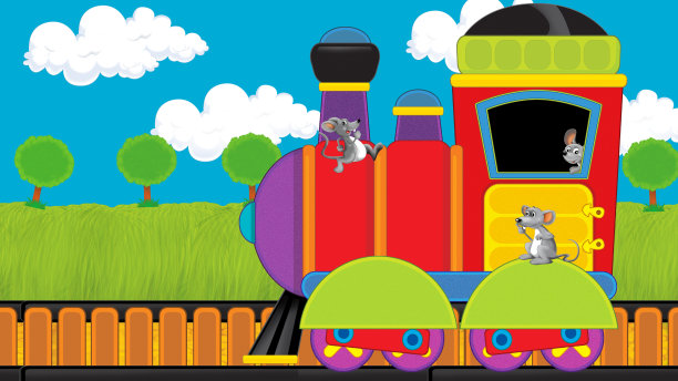 卡通滑稽的蒸汽火车通过草地图片下载