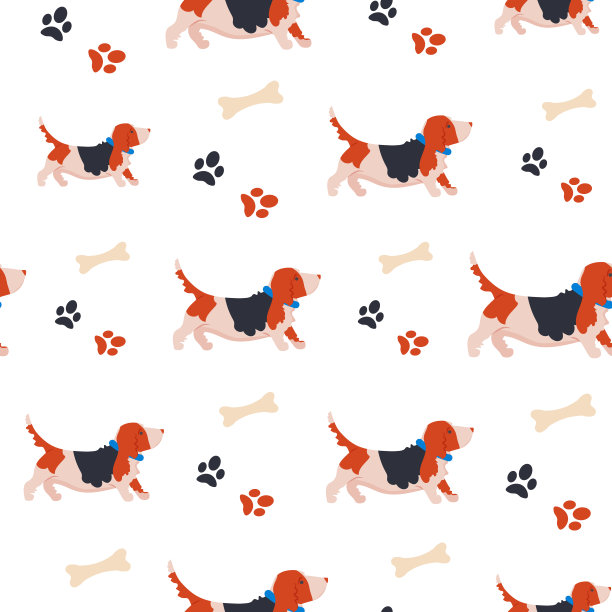 无缝图案与滑稽卡通风格的巴吉度猎犬图标。背景与可爱的家庭狗。图片下载
