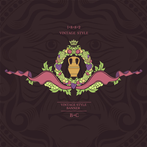 紫色背景上的酒旗。由水果和葡萄制成的圆形框架，中间是酒壶图片下载