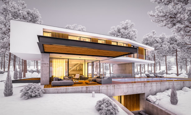 冬季傍晚带有游泳池的山上现代住宅的3d渲染图片下载