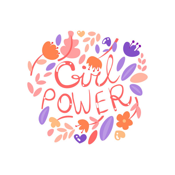 女权主义的女孩权力与花卉元素，花和叶子，圆形形式孤立在白色，柔和的颜色。女权可爱卡通女孩力量手绘字母图片下载