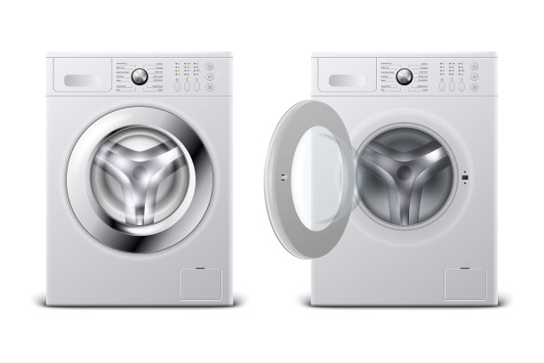 矢量3d现实现代白钢关闭和打开洗衣机图标设置特写隔离在白色背景。Wacher的设计模板。前视图，洗衣概念图片下载