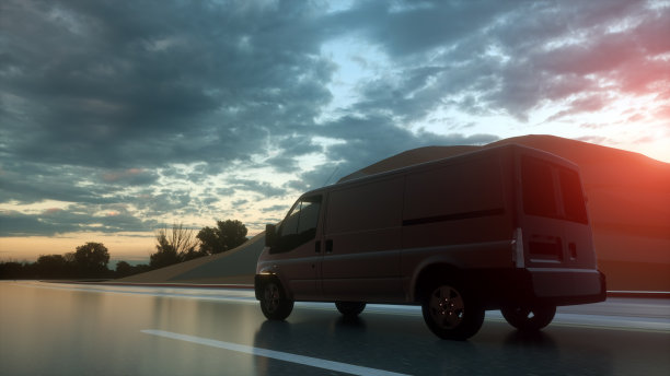 3d渲染的交付货车在道路上黎明图片下载