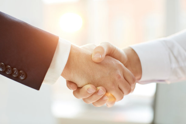 照片中的商业伙伴身着正装握手，象征着谈判成功，阳光效果图片下载