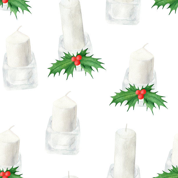 水彩圣诞蜡烛在玻璃烛台与冬青树叶和浆果无缝模式。手绘插图孤立在白色背景卡片，装饰图片下载