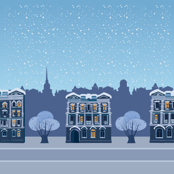 城市冬季城市街道与老城房屋和树木的城市景观。矢量插图孤立流行的平面卡通风格图片下载