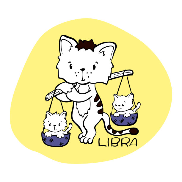 天秤座:黄道十二宫，性格可爱。猫星座图标。小猫天秤座贴纸。婴儿送礼会或生日贺卡图片下载