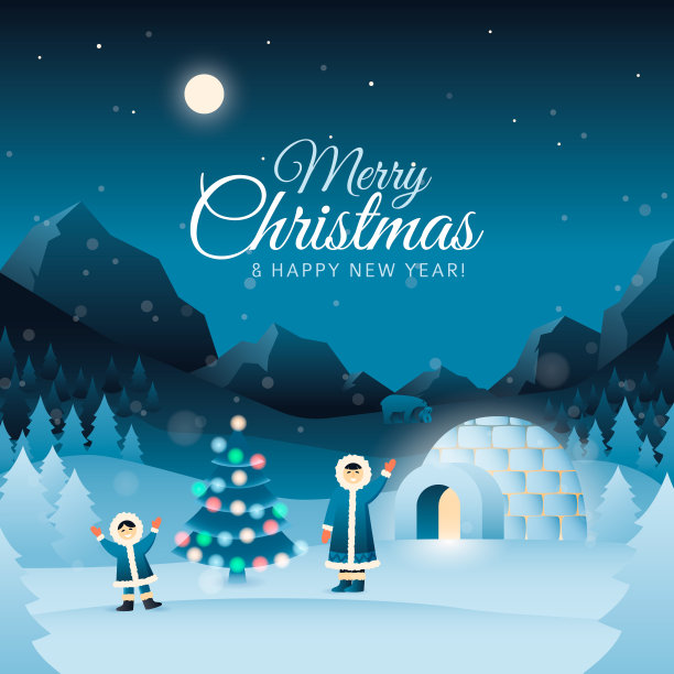 矢量字符爱斯基摩人。概念圣诞问候背景与因纽特家庭靠近冰屋图片下载