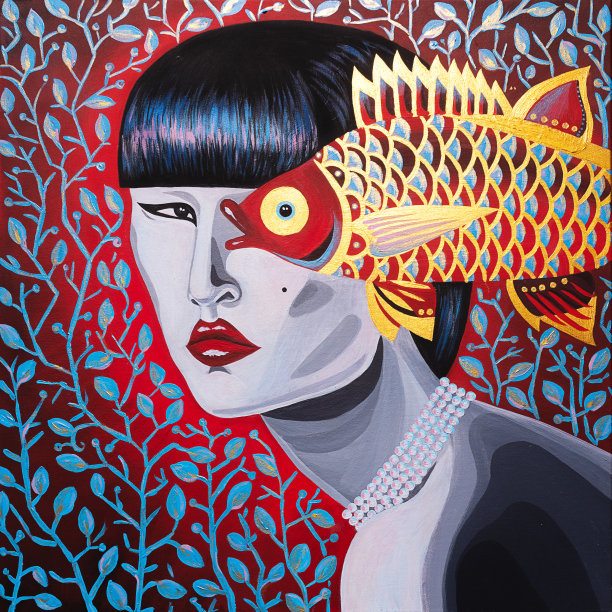 现代绘画亚洲女人与一条鱼图片下载