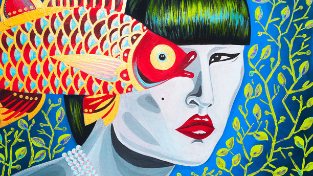 现代绘画亚洲女人与一条鱼图片下载