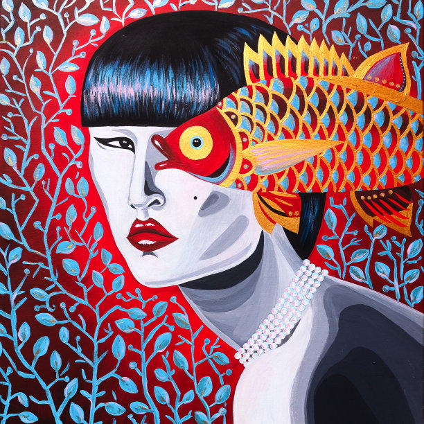 现代绘画亚洲女人与一条鱼图片下载