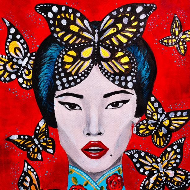 画着美丽的亚洲女人和蝴蝶图片下载