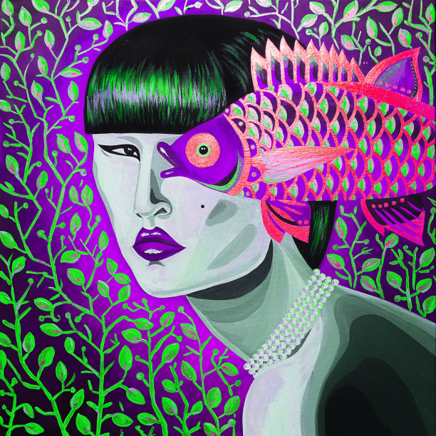 现代绘画亚洲女人与一条鱼图片下载