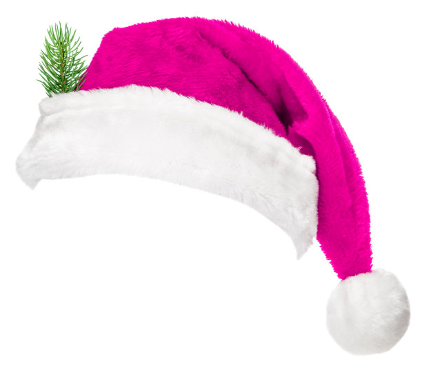 粉红色的圣诞老人帽上有一棵小冷杉树枝孤立在白色的图片下载