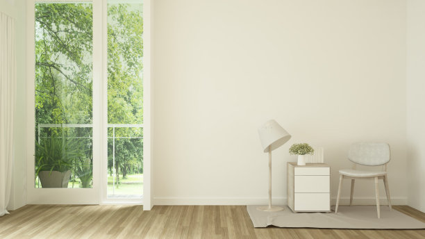 居家客厅和自然景观-客厅放松区和森林景观背景-住宅艺术品展厅设计- 3D渲染图片下载