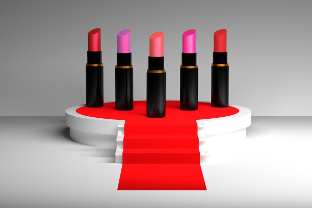 一套五支口红在白色讲台上与地毯图片下载
