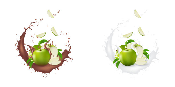 苹果组。逼真的3 d苹果。详细的3d插图孤立在白色上。网页或印刷包装的设计元素。果汁牛奶滴溅。矢量插图。图片下载