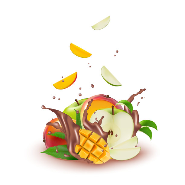 酸奶巧克力牛奶，芒果，桃子和苹果片。流动的3d牛奶喷溅设计元素孤立的白色背景。图片下载