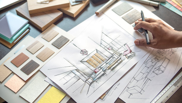 建筑师设计师室内创意工作手绘草图计划蓝图选择材料颜色样品艺术工具设计工作室图片下载