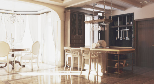 豪华大厦现代厨房住宅内部，3d渲染图片下载