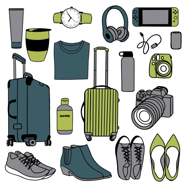 光栅插图。旅行者的一套物品。平的插图图片下载