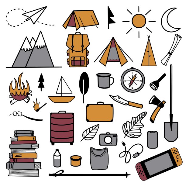 光栅插图。旅行用的一套露营装备和物品图片下载