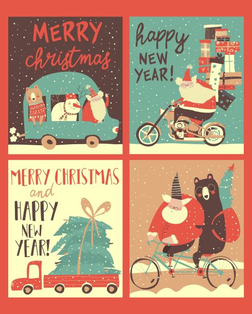 一套圣诞贺卡与圣诞老人的交通工具图片下载