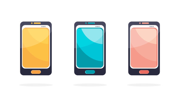 设置黑色智能手机，彩色屏幕，菜单按钮和摄像头矢量。手机俯视图孤立的白色背景。手机矢量图标设计模板。黄色，粉色和蓝色屏幕的文本。图片下载