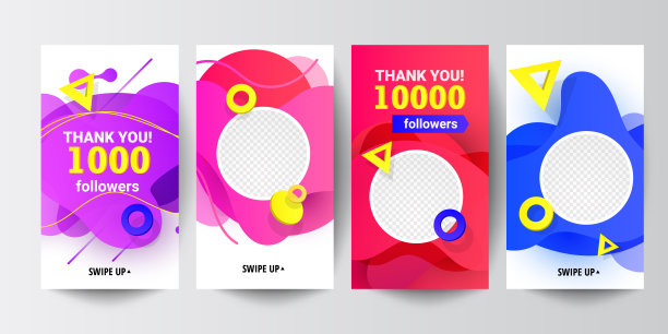 现代社交网络跟随我们的旗帜设置液体梯度形状，与三角形速度圆形装饰元素和可编辑的照片孤立的背景。图片下载