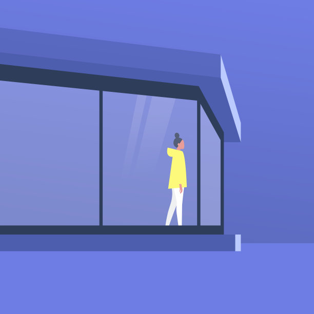 现代主义建筑，年轻女性人物站在窗前，眺望室外景色图片下载