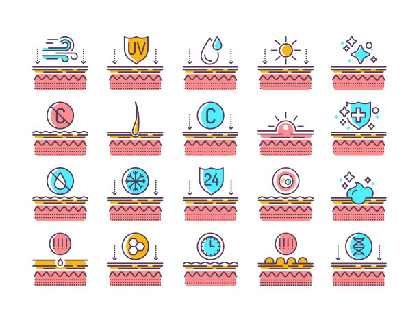 暴露于皮肤外部因素，老化，护理，遗传线颜色图标设置。人类皮肤层。网页、手机应用、按钮、标识。图片下载