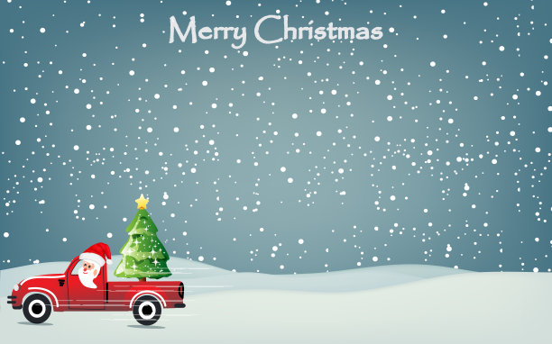 萨塔叔叔开着一辆快速的小卡车。在汽车后面是一棵装饰着星星的圣诞树。穿过白雪覆盖的街道，圣诞快乐的背景图像和新年快乐的想法- vec图片下载