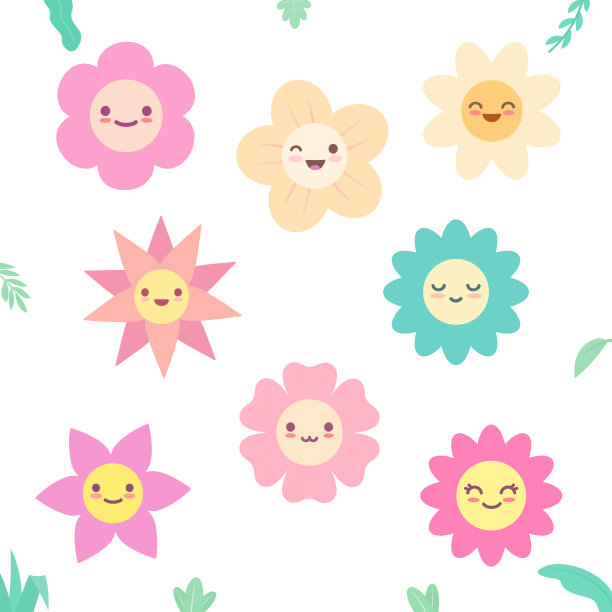 可爱的快乐的花与脸。人物微笑，大笑，困惑。孤立对象的集合。图片下载