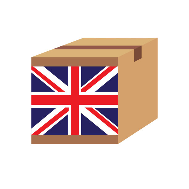 发货包装棕色盒子与大不列颠及北爱尔兰联合王国国旗，矢量插图图片下载
