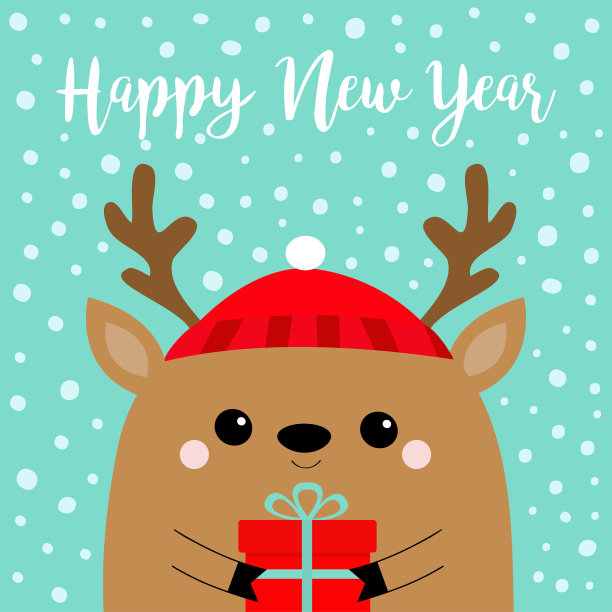 新年快乐。鹿头脸捧礼盒。红帽子，鼻子，角。圣诞快乐。可爱的卡通卡哇伊婴儿角色。有趣的动物。平面设计。你好,冬天。蓝雪的背景。图片下载