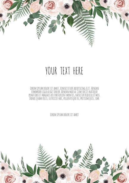 植物婚礼邀请卡模板设计，白色和粉红色的花在白色的背景。图片下载