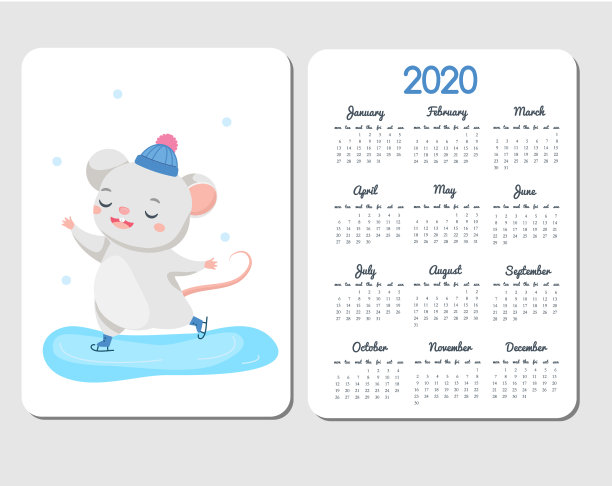 2020日历模板与卡通鼠标。中国新年设计与有趣的老鼠图片下载