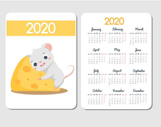 2020日历模板与卡通鼠标。中国新年设计与有趣的老鼠图片下载
