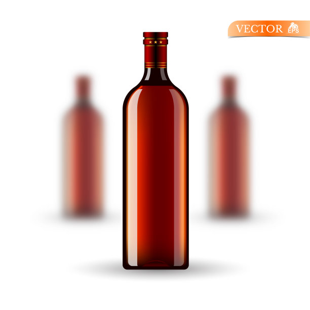 三个真实的模拟红色白兰地酒瓶在白色的背景。矢量插图一个瓶子尖锐和两个瓶子景深的领域图片下载