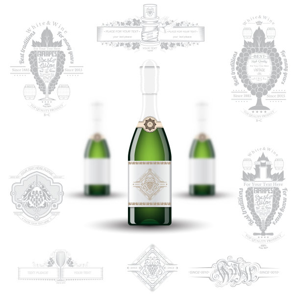 三个逼真的模拟绿色香槟瓶和一套剪影标签上的白色背景。矢量插图一个瓶子尖锐和两个瓶子景深的领域图片下载