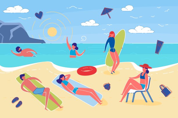 暑假和海滩活动平面矢量。图片下载