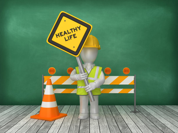 健康生活路标施工现场的黑板背景- 3D渲染图片下载