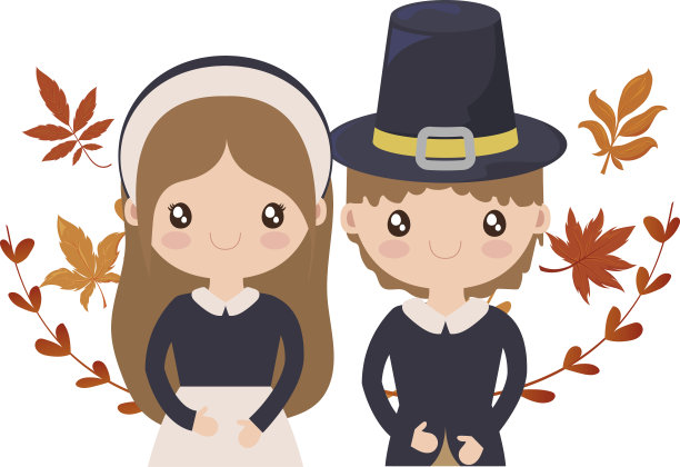 一对朝圣者，白色背景上有秋叶图片下载