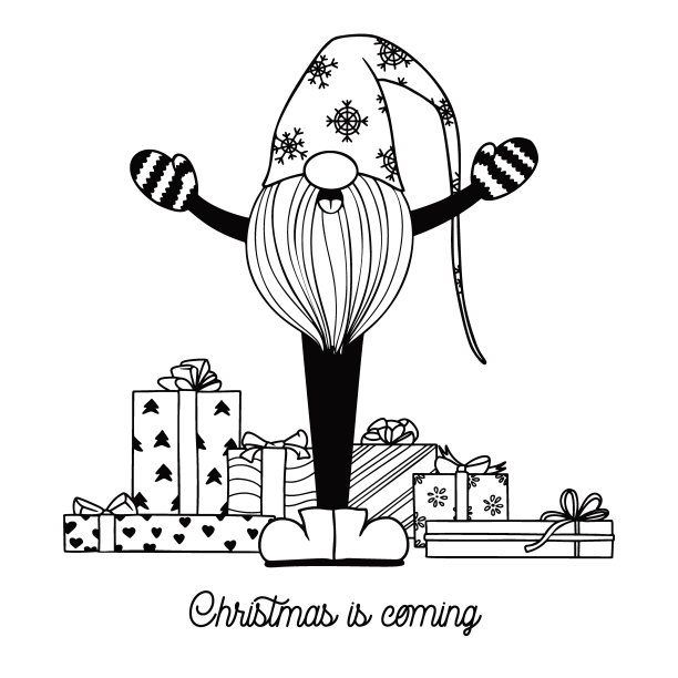 斯堪的纳维亚圣诞侏儒唱歌。可爱地精的素描和礼物。图片下载