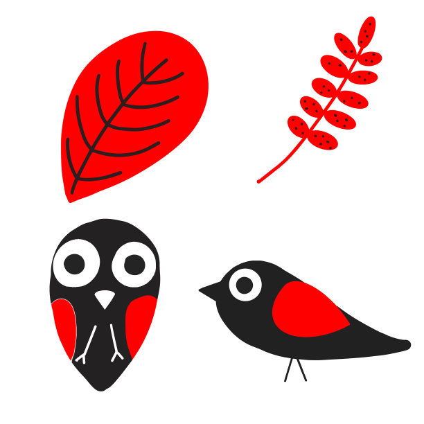 鸟类和树叶。集。装饰品和图案都是民间的。在白色的背景上。向量。图片下载